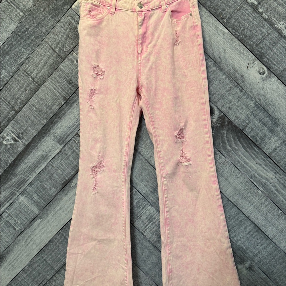 Steve Madden Pink Flare Wide Leg Jeans with Distressed Details Street Wear